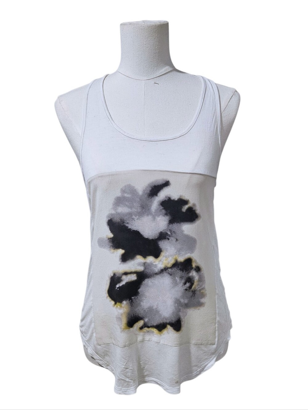 Allsaints Aura White Tank Top Racer back  with Abstract Black & Gray Print Small